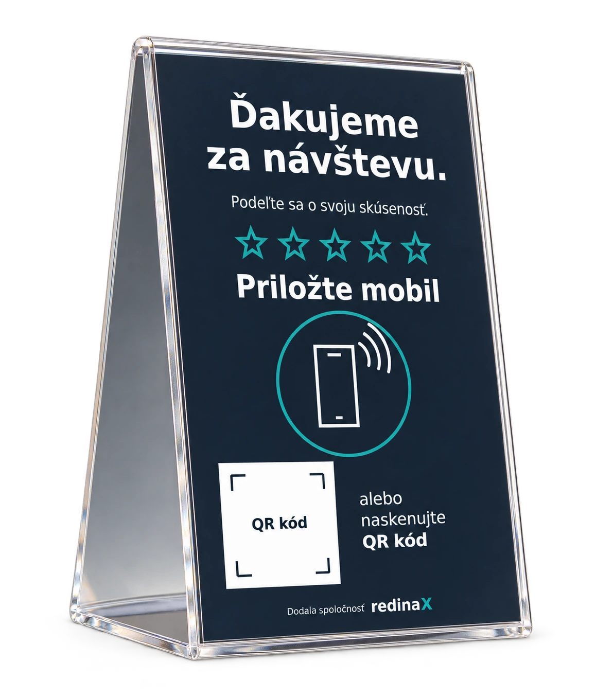 Návrh potlače stojana redinaX: poďakovanie, Priložte mobil, symbol NFC a miesto pre QR kód